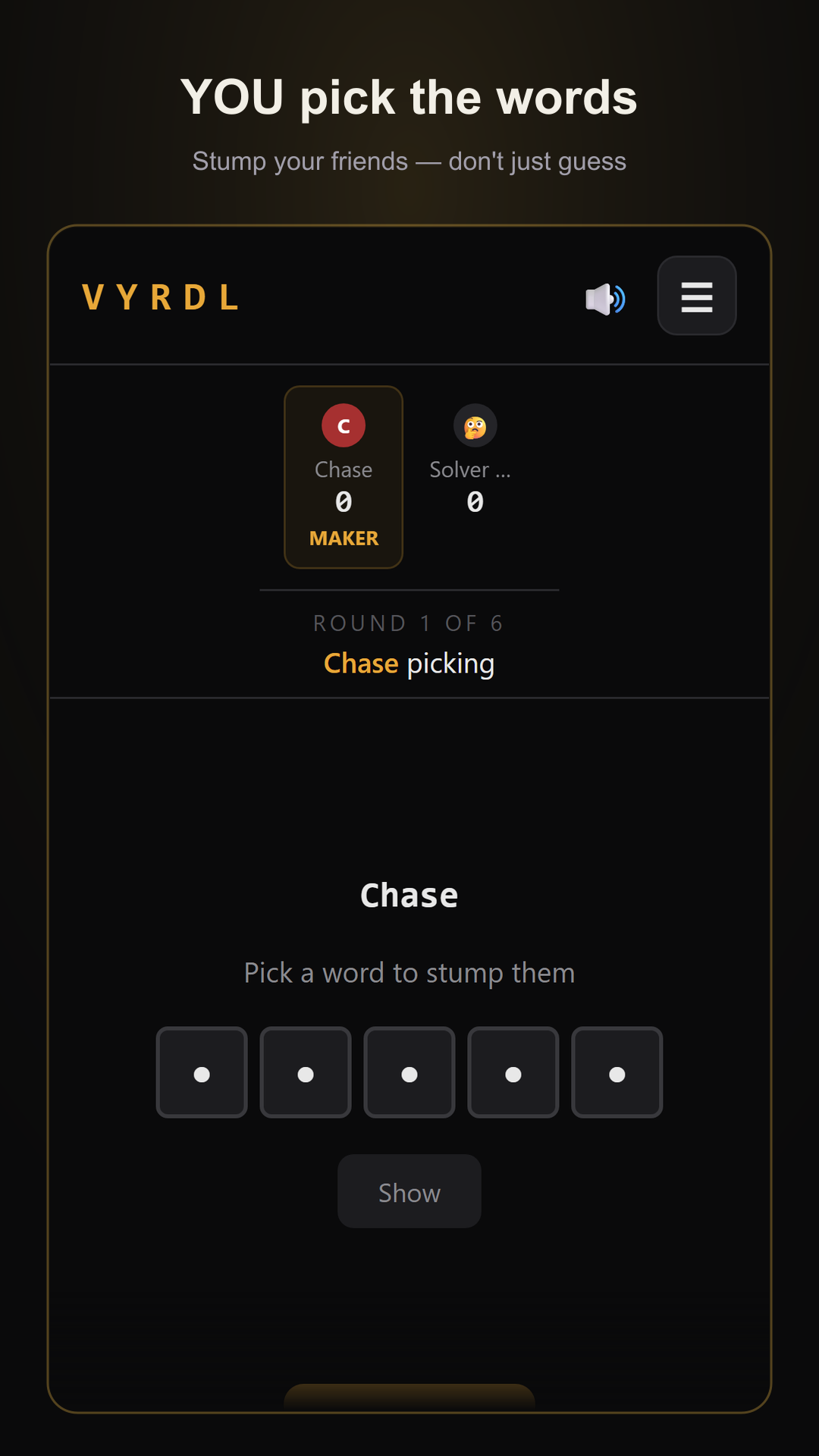 VYRDL screenshot: picking a word as the Word Maker