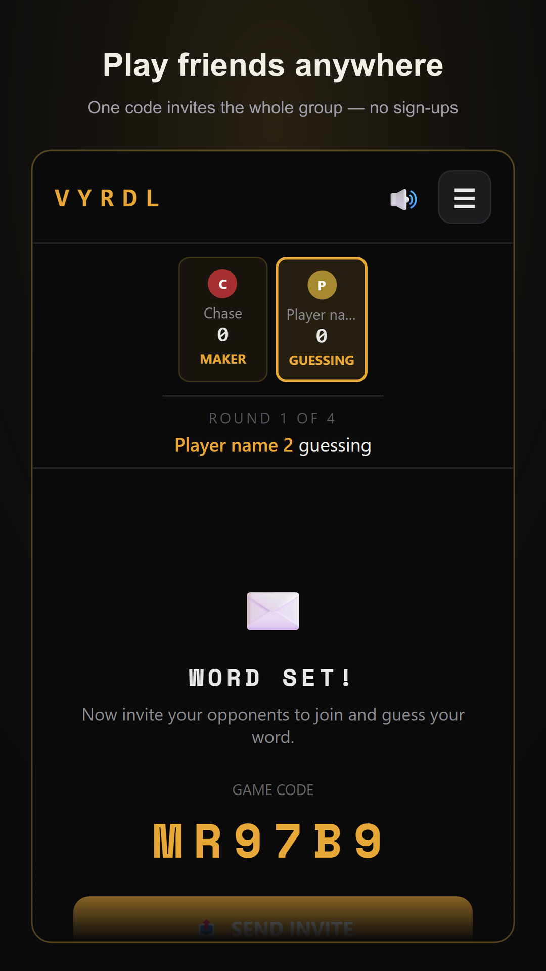 VYRDL screenshot: joining a match with one code