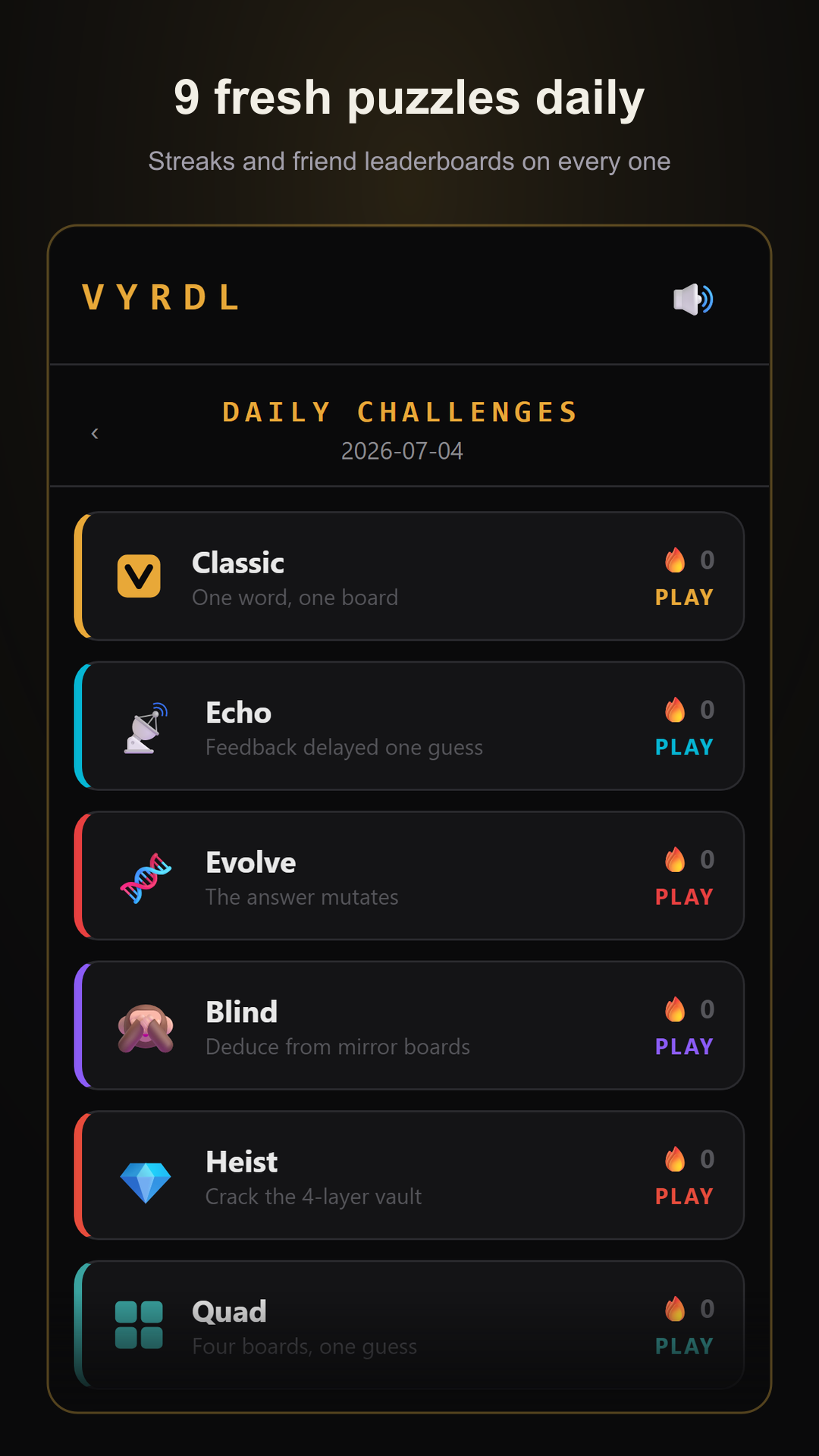 VYRDL screenshot: daily challenges hub