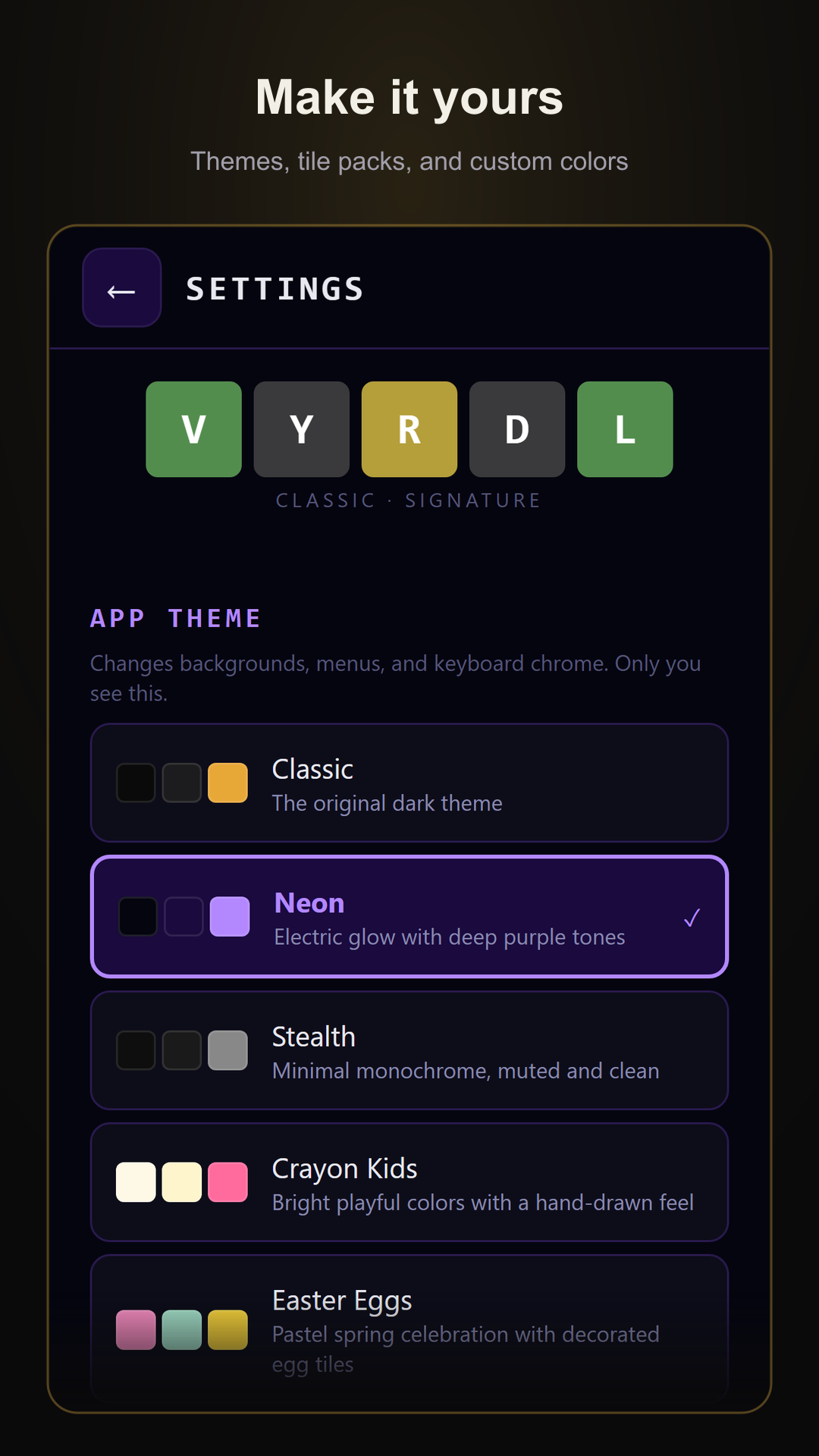 VYRDL screenshot: themes and tile customization